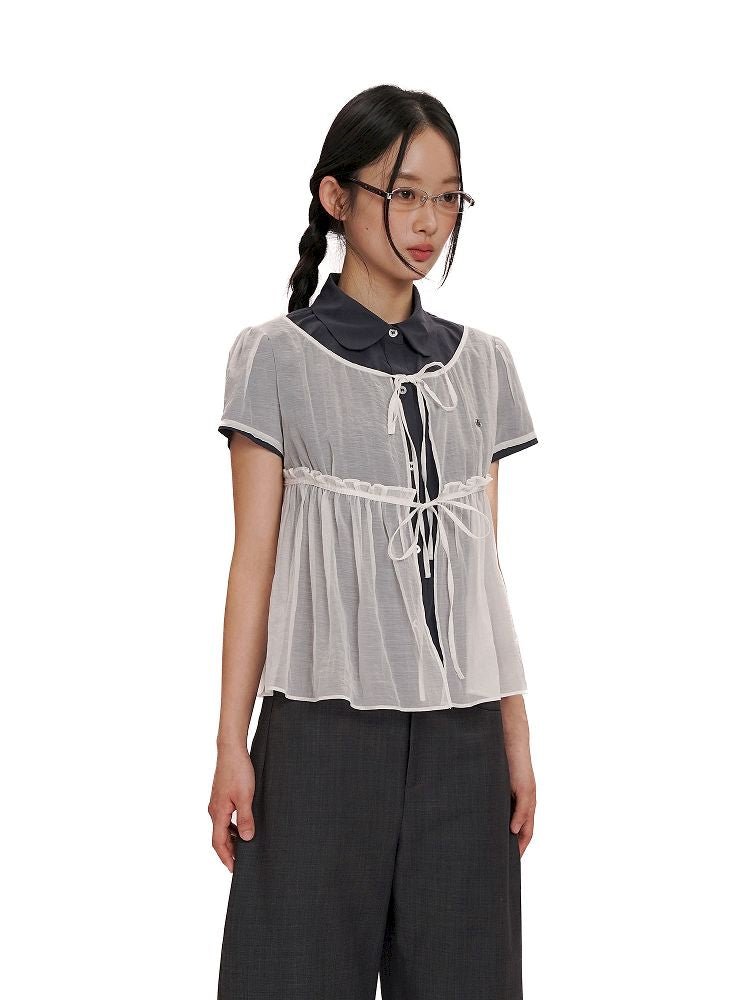 Lace Bottom Hem Slim Short Sleeve Shirt【s0000012487】