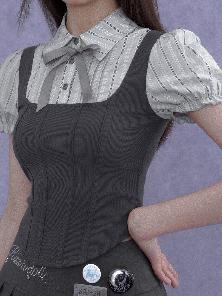 Fake Herringbone Puff Sleeve Top【s0000016644】