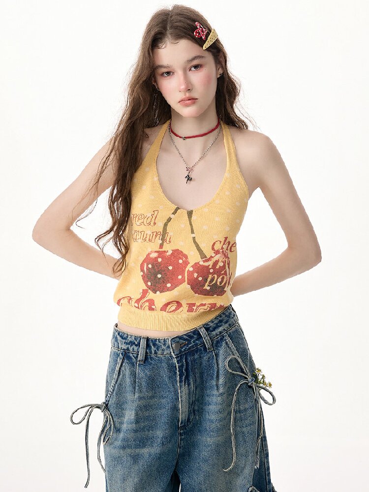 Wave Cherry Print Cropped Top Tank【s0000017304】