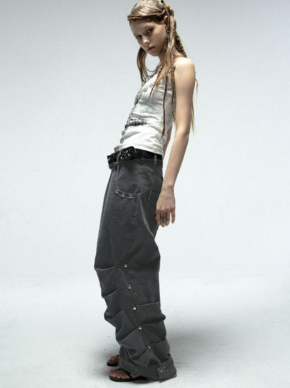 Pleated Studded Washed Cotton Trousers【s0000012211】