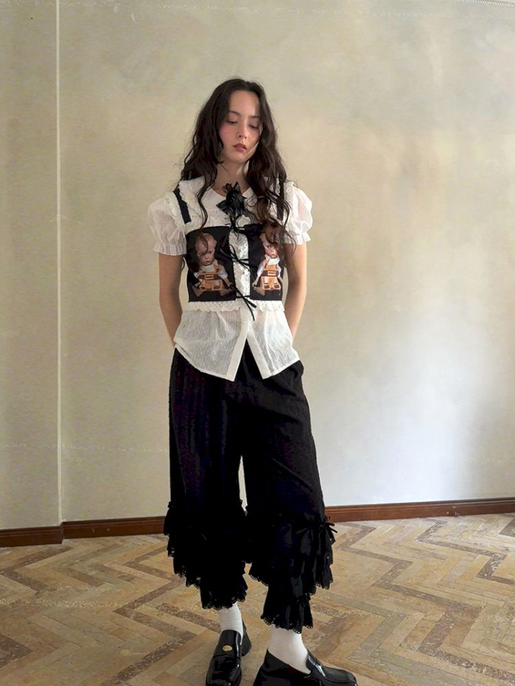 Cute doll print lace bow vest【s0000012760】