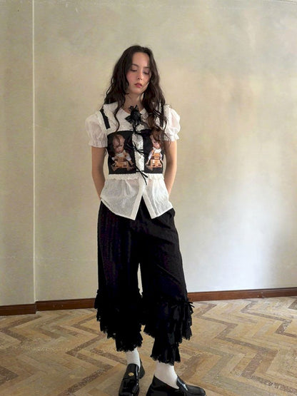 Cute doll print lace bow vest【s0000012760】