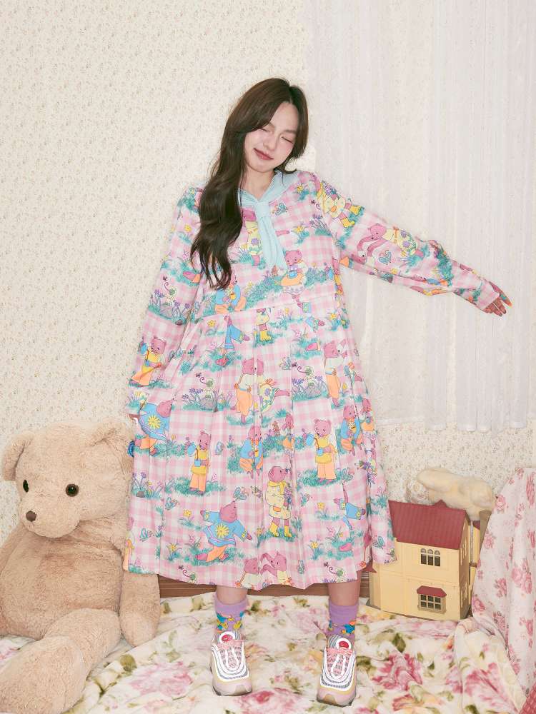 Pink Bear Illustration Print Dress【s0000014496】