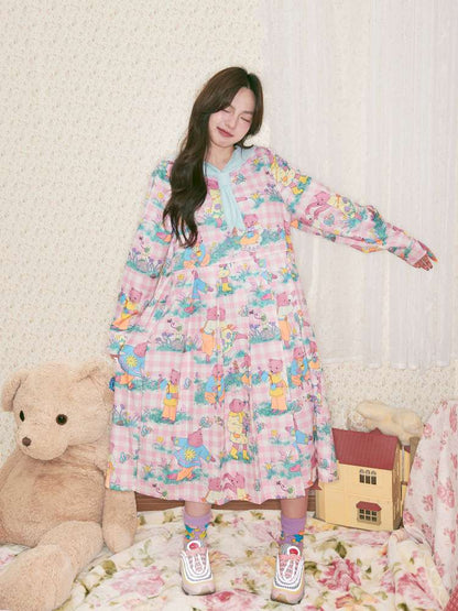 Pink Bear Illustration Print Dress【s0000014496】