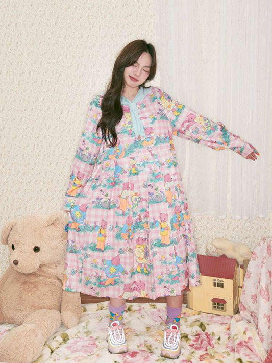 Pink Bear Illustration Print Dress【s0000014496】