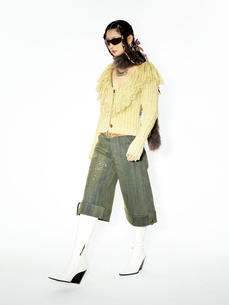 장식 된 렌더링 된 세척 데님 미디 바지 [S0000006271]