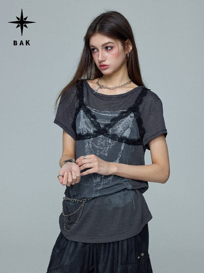Lace Print Knitted Layered Top【s0000016689】
