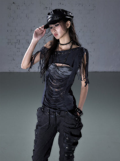 Patchwork Lace Fringe Slim T-Shirt【s0000016205】
