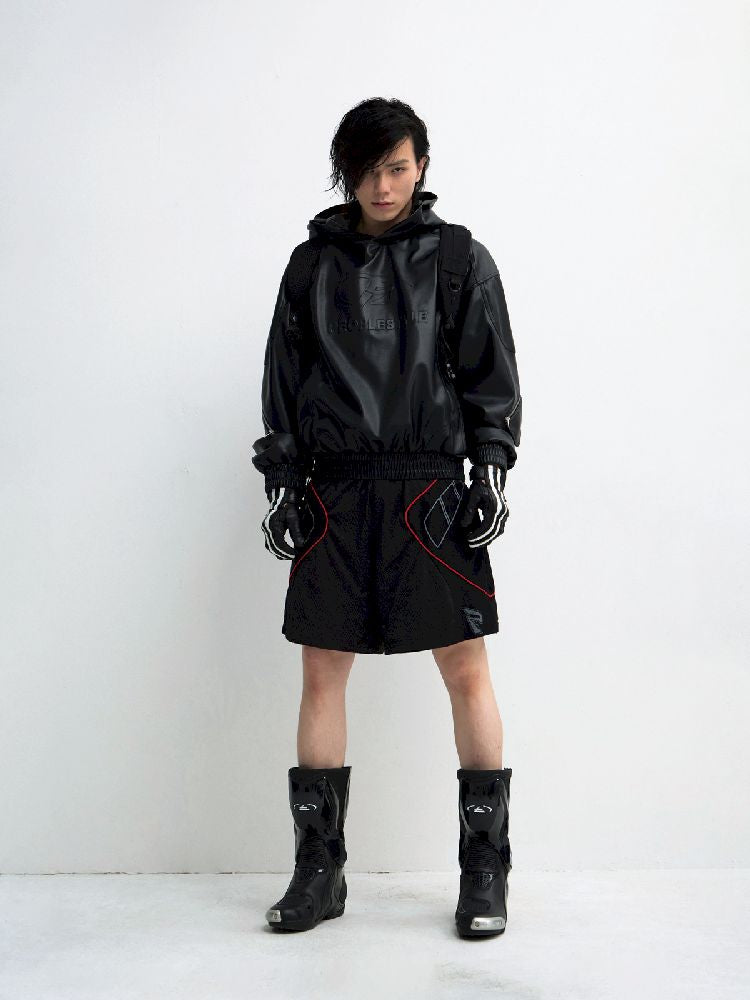 PU Leather Black Hooded Sweatshirt【s0000011348】