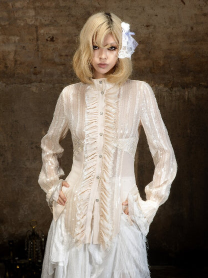 Lace Sequin Patchwork Court Shirt【s0000018382】