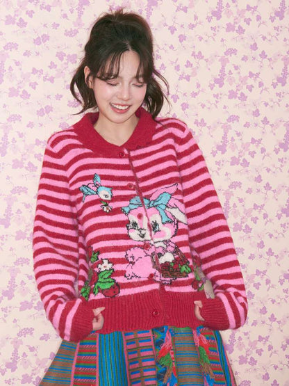 Red Striped Bunny Knitted Cardigan【s0000015376】
