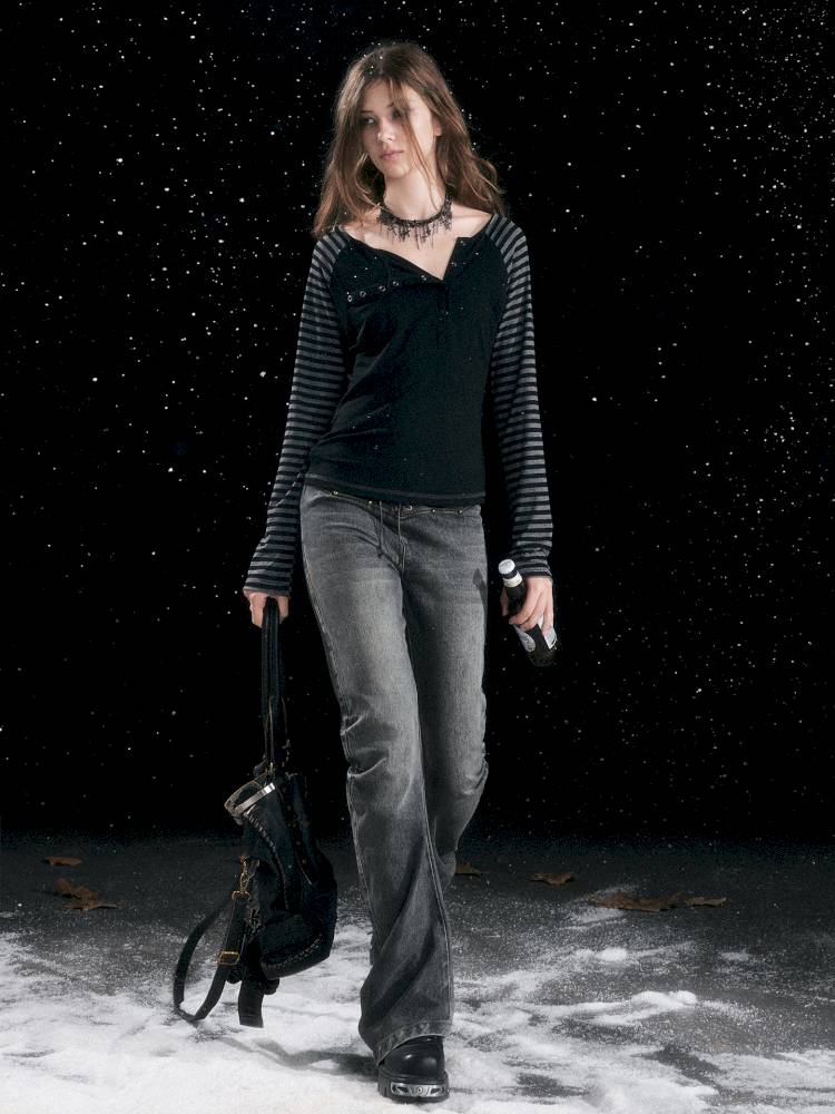 Leather-Trimmed Patchwork Pleated Jeans【s0000014424】