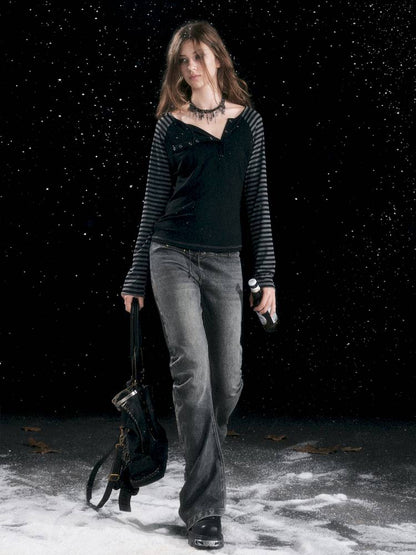 Leather-Trimmed Patchwork Pleated Jeans【s0000014424】