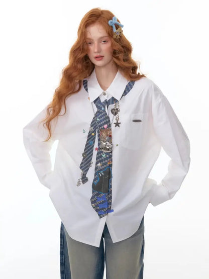 Loose tie print white long sleeve shirt【s0000014350】