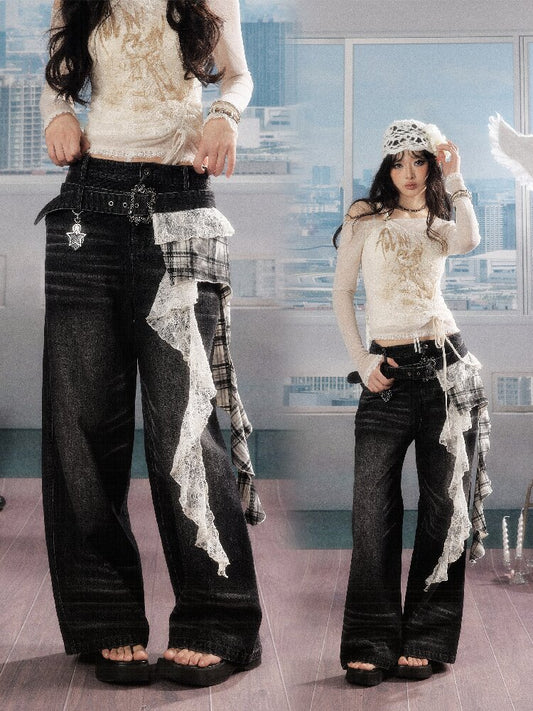 Plaid Ruffled Wide Leg Jeans【s0000016268】