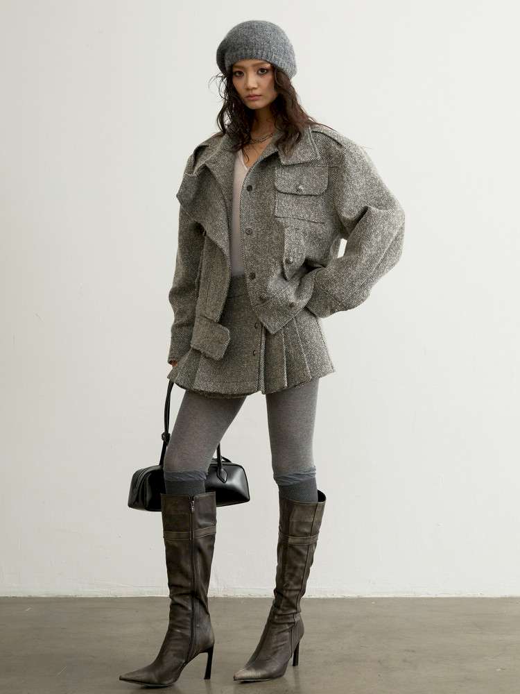 Herringbone Woolen Silhouette Jacket【s0000015193】