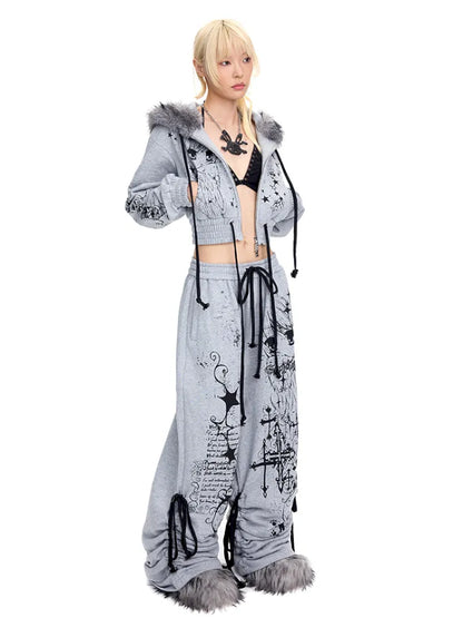 Doodle Print Puffy Drawstring Sweatpants【s0000014092】