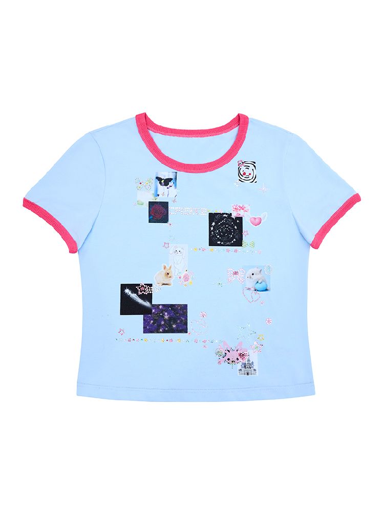 Sticker Printed Rhinestone T-Shirt【s0000011794】
