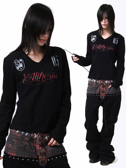 Dark V Neck Gauze Long Sleeve Shirt【s0000018197】