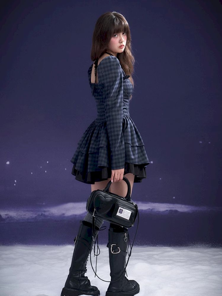Check Neck Cake Dress【s0000011659】