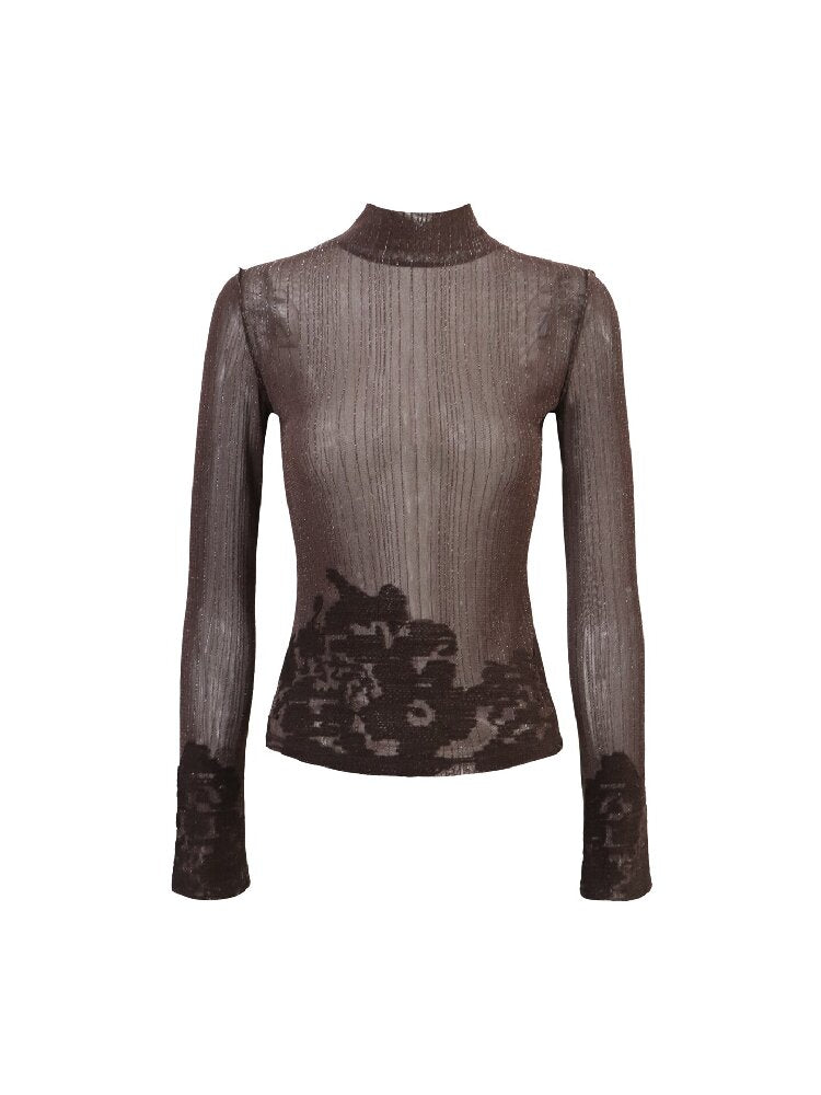 Jacquard Sheer Mesh Crew Neck T-Shirt【s0000016293】