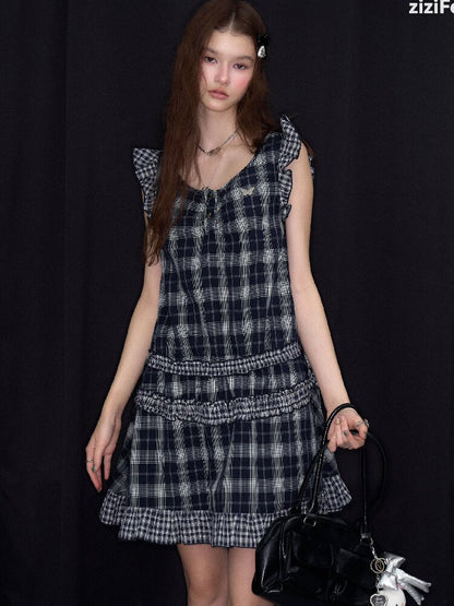 Spliced Plaid Flying Sleeve Dress【s0000016844】