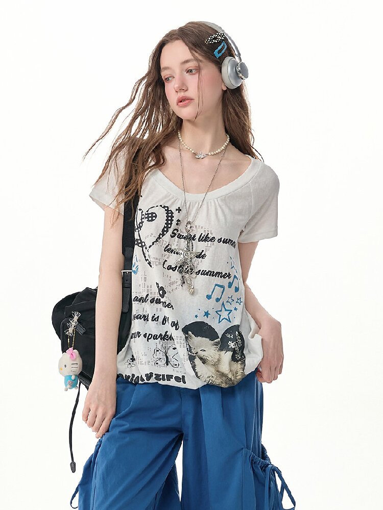 Summer Cat Print Short Sleeve T Shirt【s0000017255】