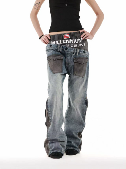 Double Waist Embroidered Baggy Jeans【s0000018246】