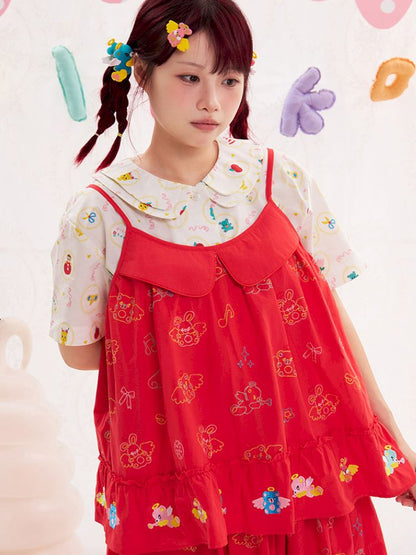 Animal Angel Heavy Embroidery Red Camisole Top【s0000013186】