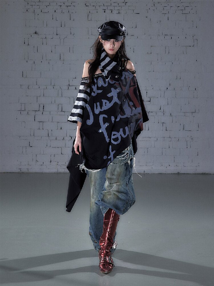 Asymmetrical Striped Webbing T-shirt【s0000015938】