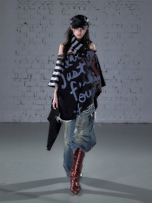 Asymmetrical Striped Webbing T-shirt【s0000015938】