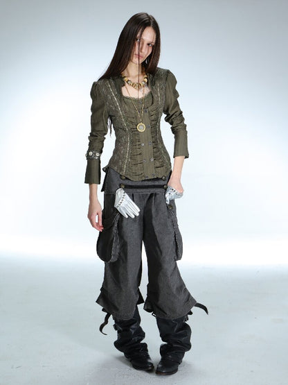 Vintage Lace Stitched Square Neck Shirt【s0000015910】