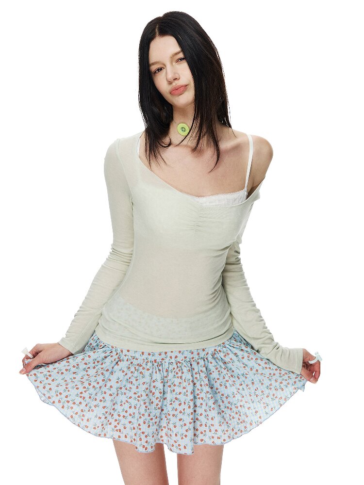Peach Heart Neck Shirring T-Shirt【s0000015858】