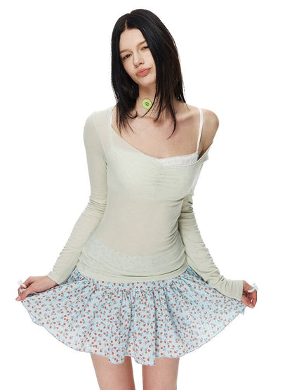 Peach Heart Neck Shirring T-Shirt【s0000015858】