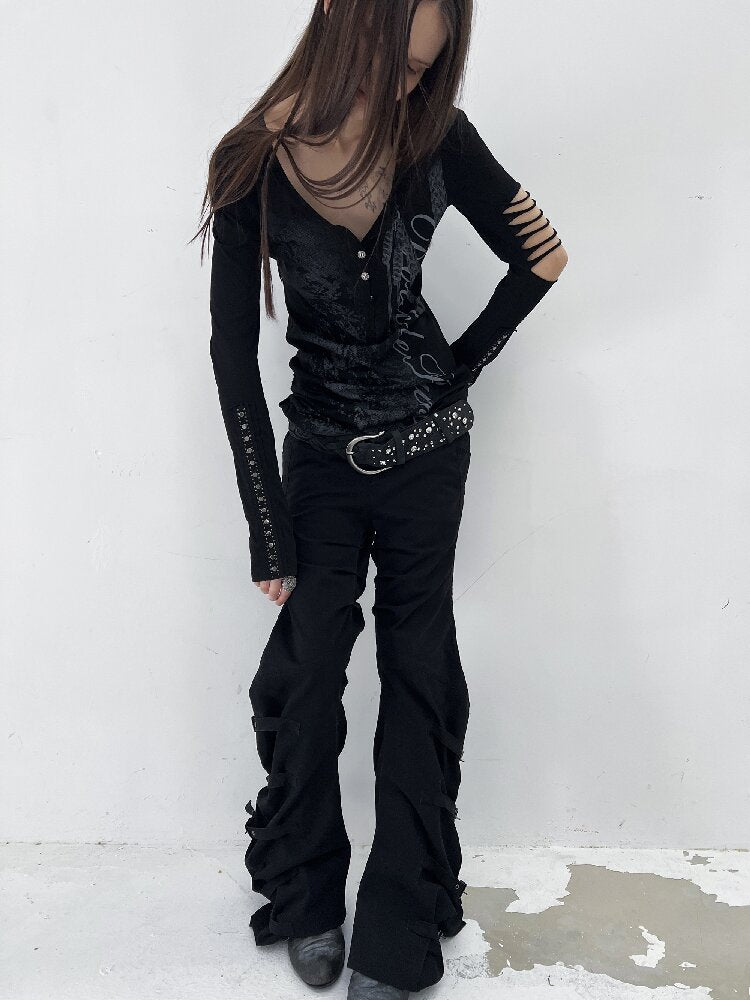 Long Sleeved Ripped Punk Print Tee【s0000015912】