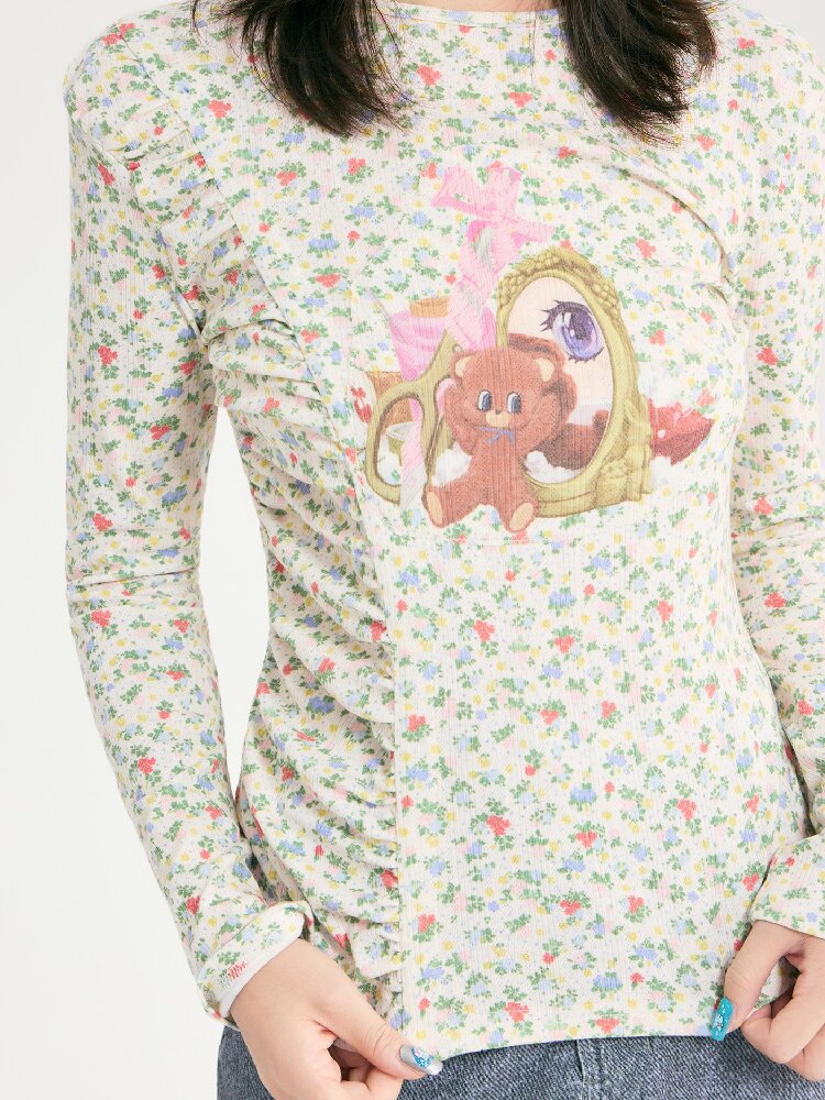 Floral Bear Stretchy Long Sleeve Top【s0000018725】