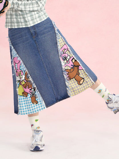 Denim Patchwork Tassel Frayed Plaid Skirt【s0000019253】