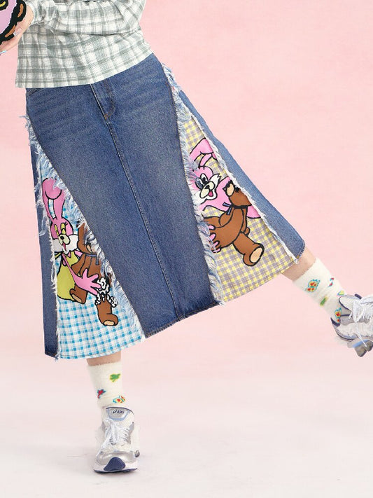 Denim Patchwork Tassel Frayed Plaid Skirt【s0000019253】