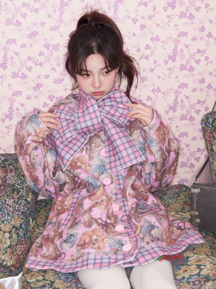 Pink Plaid Animal Padded Jacket【s0000015026】