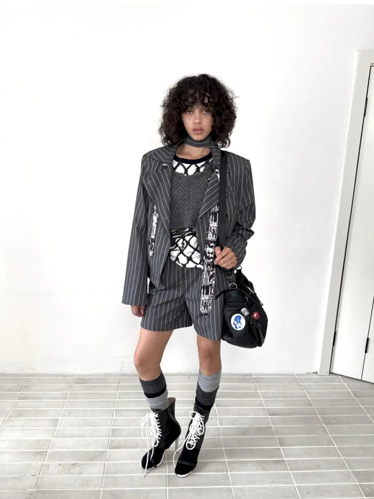 Lace-Up Striped Shorts Blazer【s0000014203】