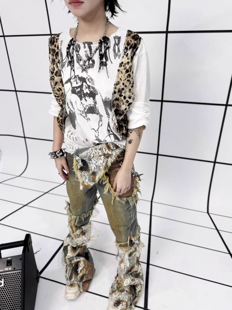 Raw Edge Aged Printed False Two Piece T-Shirt【s0000013714】