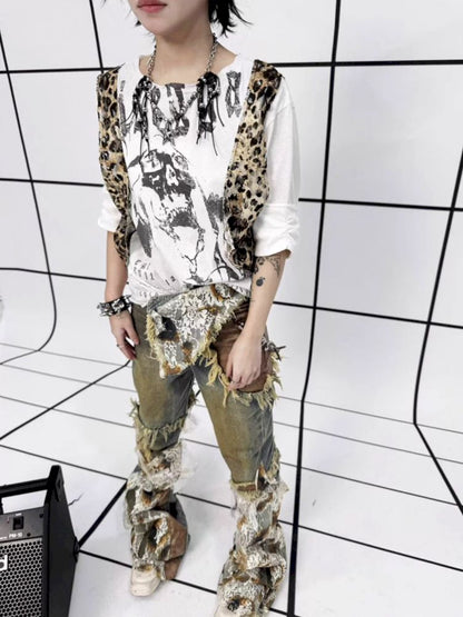 Raw Edge Aged Printed False Two Piece T-Shirt【s0000013714】