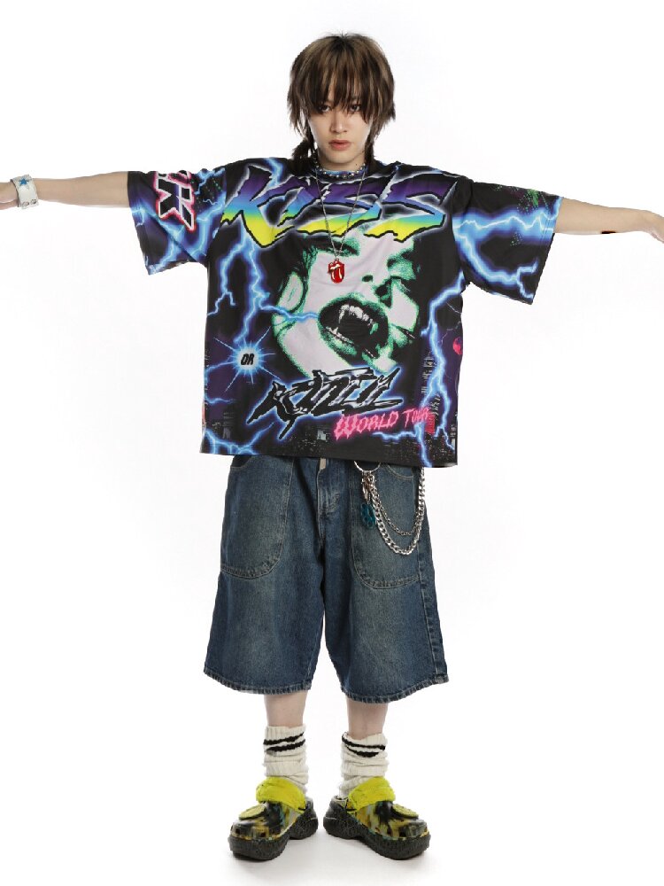 Dark Rock Lightning Print T-shirt【s0000015891】