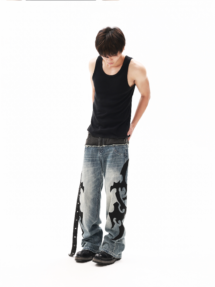 Ribbon Denim Patchwork Wide Jeans【s0000018307】