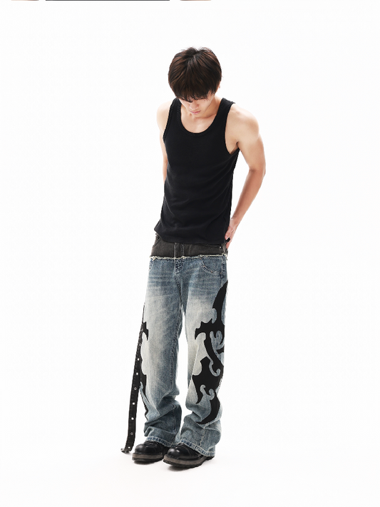 Ribbon Denim Patchwork Wide Jeans【s0000018307】