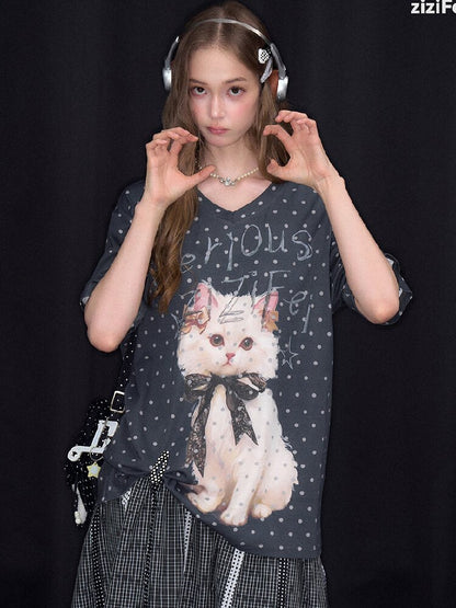 Loose Polka Dot Cat Print T-Shirt【s0000016856】