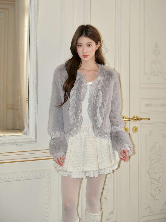 Gray Lotus Lace Bead Fur Jacket【s0000015049】