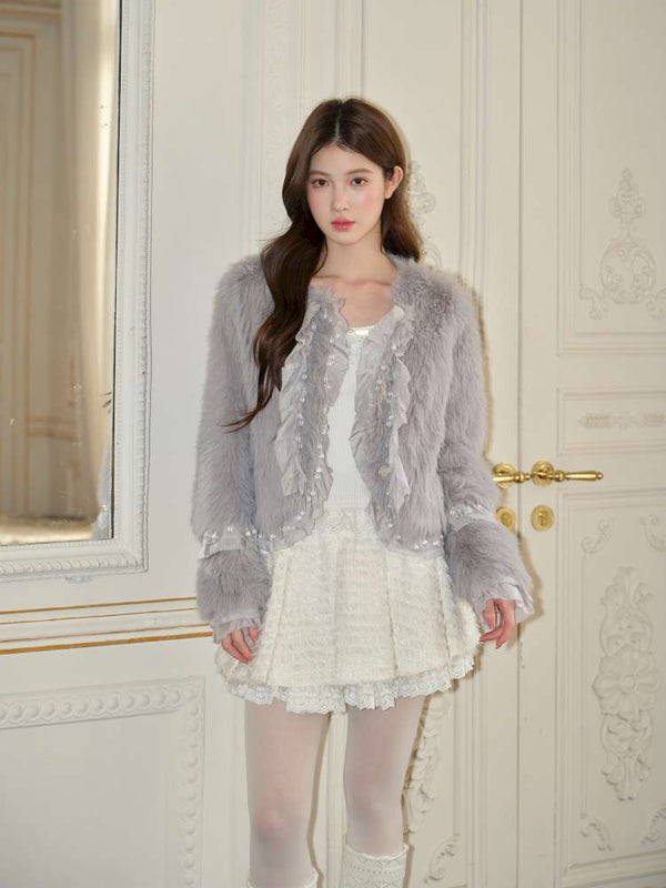 Gray Lotus Lace Bead Fur Jacket【s0000015049】