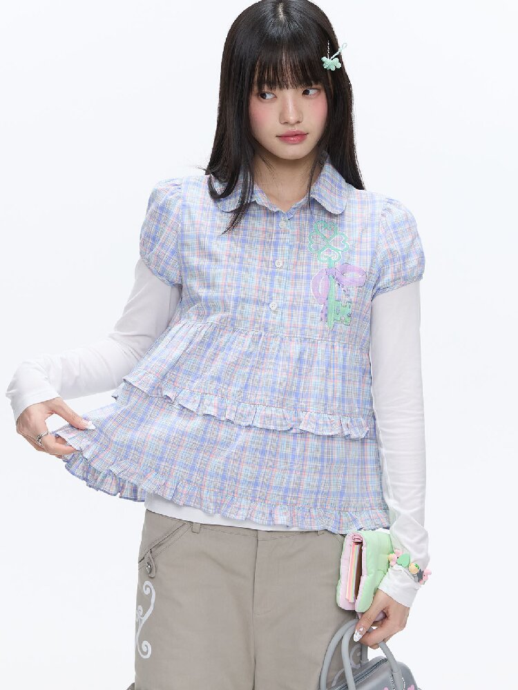 Purple Plaid Lace Short Sleeve Shirt【s0000016405】
