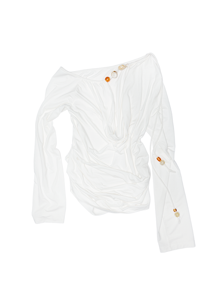 Beaded Swing Neck Strapless Long Sleeve Blouse【s0000012404】